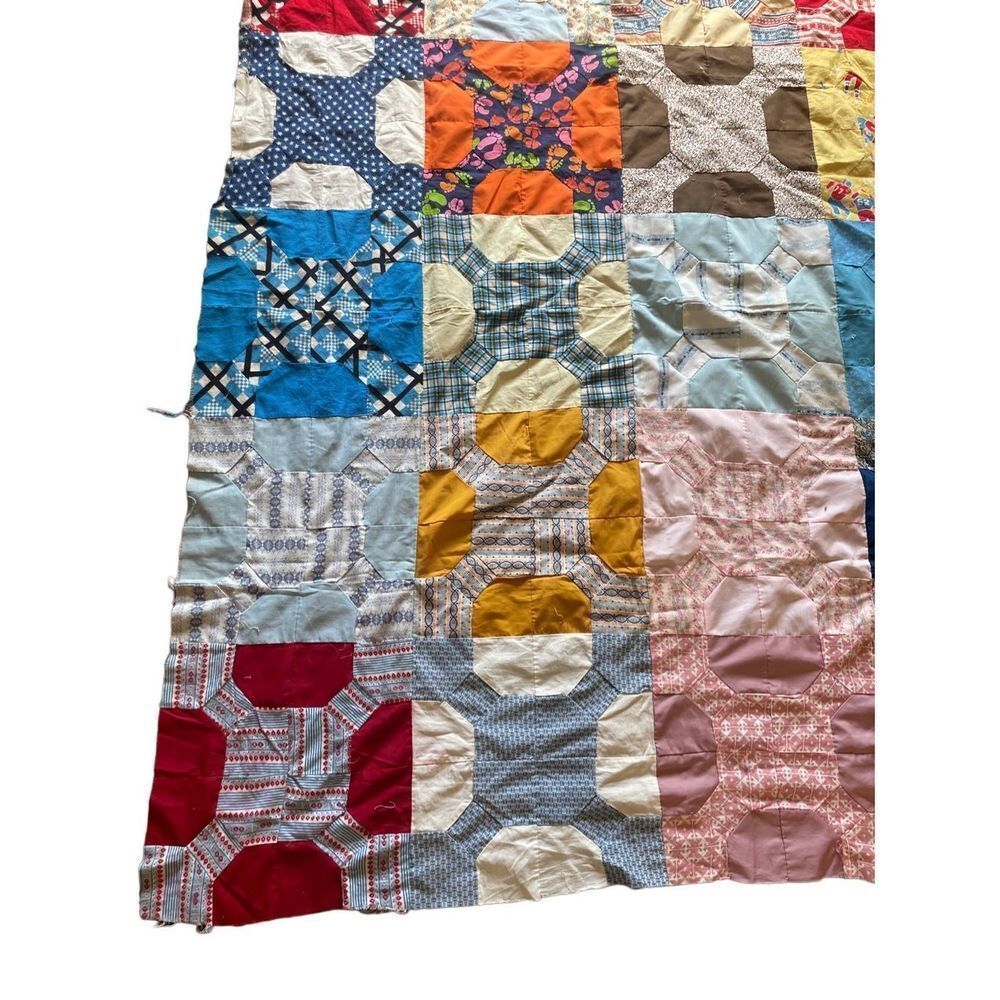 1950s-1960s VIBRANT Hand-Stitched Quilt Topper